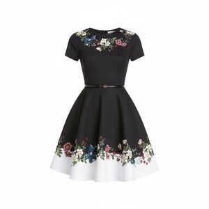 Ted Baker Black and White Floral Fit-and-Flare Mini Dress
